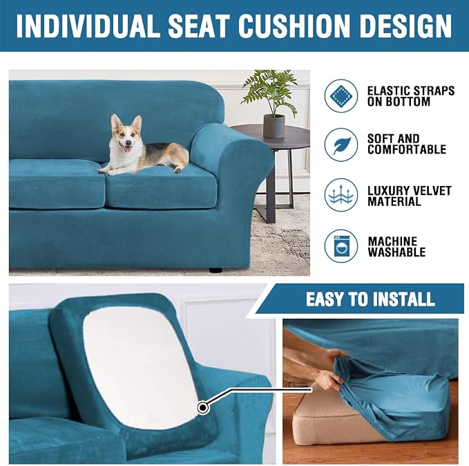 H.VERSAILTEX Velvet 4 Piece High Stretch Sofa Slipcover Cover Furniture Protector Form Fit Thick Velvet Extra Large Sofa Cover for 3 Cushion Couch Width Up to 105 Inch (XL Sofa, Peacock Blue)