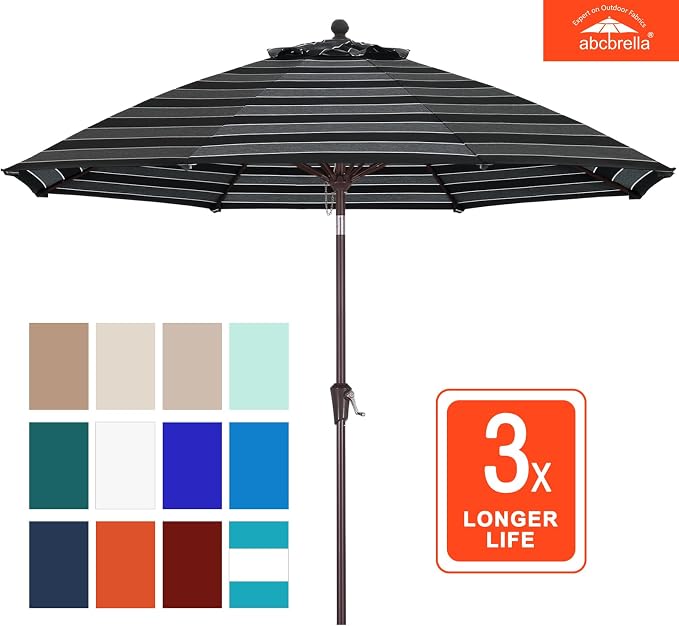 ABCCANOPY OLEFIN® 5-Year No Fading 9FT Patio Umbrella(Black Gray Stripe) | Fade & UV Resistant Fabric,8 Fiberglass Ribs，Wind Vent，Crank Lift & Tilt,Outdoor Table Umbrella for Deck,Backyard,Yard