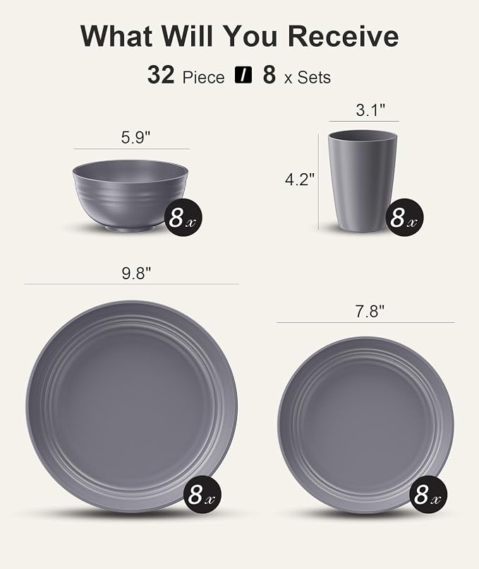 Quatish 32 Piece Plates and Bowls Sets for 8, Unbreakable Dinnerware Sets, Plastic Dish Set for Camping, Dishwasher Microwave Safe, Outdoor Kitchen and Apartment Dorm Dinning RV Essentials, Grey