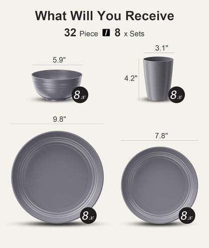 Quatish 32 Piece Plates and Bowls Sets for 8, Unbreakable Dinnerware Sets, Plastic Dish Set for Camping, Dishwasher Microwave Safe, Outdoor Kitchen and Apartment Dorm Dinning RV Essentials, Grey