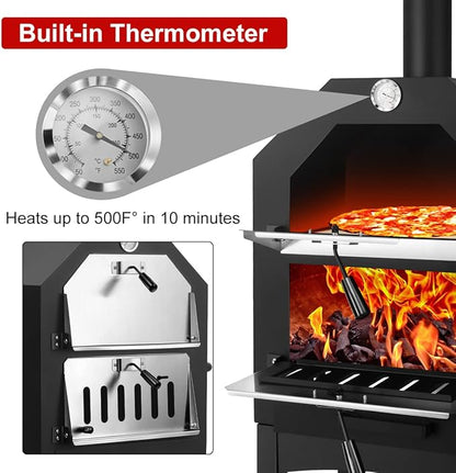 Outdoor Pizza Oven, Wood Fired for Outside, Patio Maker With Stone, Peel, Grill Rack, and Waterproof Cover for Backyard Camping