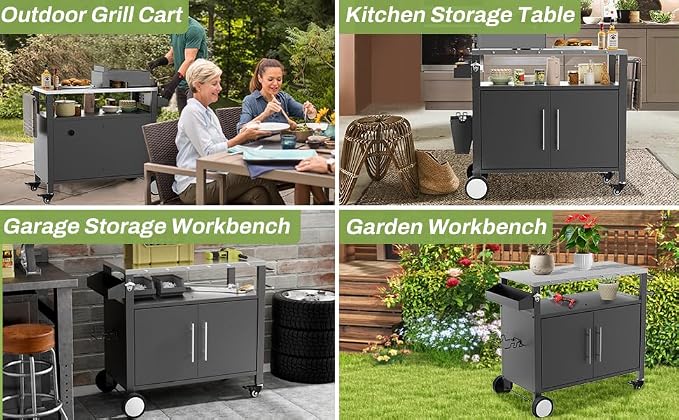 NicBex Outdoor Grill Cart with Storage Cabinet, Rolling Bar Cart with Doors & Wheels, BBQ Prep Table with Spice Rack, Patio Bar Storage Cart with Casters, Black