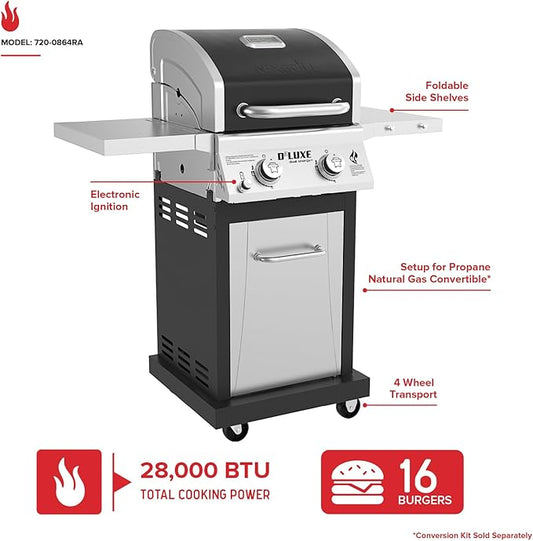 Nexgrill Deluxe 2-Burner Gas Grill with 401 SQ In Grate, 28000 BTUs, Stainless Steel Control Panel & Foldable Side Table, Propane BBQ Grill for Outdoor Cooking, Patios, Backyards and More - 720-0864RA