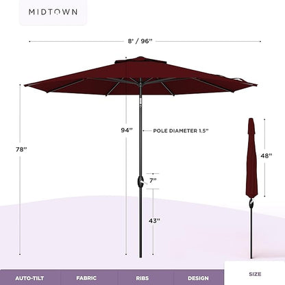 Midtown Umbrellas – The Lean 8 Ft Patio Umbrella with 10-Year-No-Fade Acrylast Acrylic Fabric, Auto-Tilt and 8 Reinforced Ribs for Deck, Pool, Garden, Hotel & Cafes – Bordeaux Canopy, Black Pole