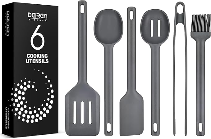 Silicone Kitchen Utensils Set, Heat Resistant Cooking Utensil with Spoon, Scraper, Spatula, Basting Brush & Tongs, BPA-free Non-stick Cookware for Frying, Basting, Serving, Grilling (6 Pack) (GREY)