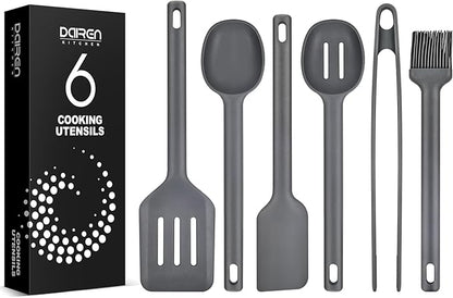 Silicone Kitchen Utensils Set, Heat Resistant Cooking Utensil with Spoon, Scraper, Spatula, Basting Brush & Tongs, BPA-free Non-stick Cookware for Frying, Basting, Serving, Grilling (6 Pack) (GREY)