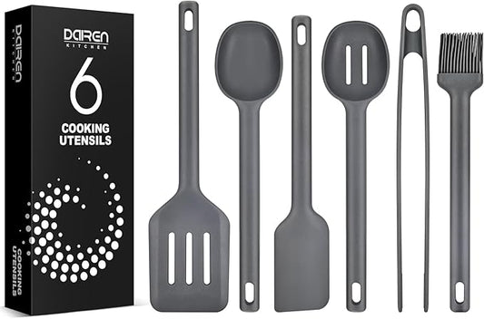 Silicone Kitchen Utensils Set, Heat Resistant Cooking Utensil with Spoon, Scraper, Spatula, Basting Brush & Tongs, BPA-free Non-stick Cookware for Frying, Basting, Serving, Grilling (6 Pack) (GREY)