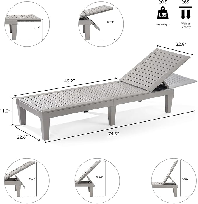 Nestl Sun Tanning Chair - Light Grey Chaise Lounge Chair Outdoor, Lightweight Pool Lounge Chairs Set of 4, Adjustable 5-Position Reclining Lawn Chair, Waterproof Beach Outdoor Lounge Chairs