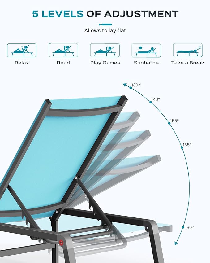 Ciokea Aluminum Foldable Lounge Chairs Set of 2 with 1 Outdoor Aluminum Side Table ，Perfect Match ，Suitable for Courtyard, Balcony, Lawn and Other Scenes，Lake Blue