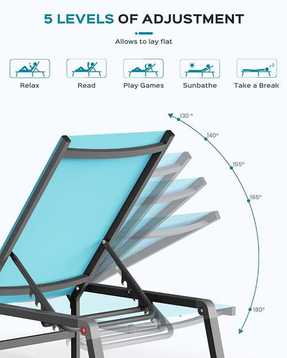 Patio Chaise Lounge Chair Set of 4, Foldable Lounge Chair for Outside, Aluminum Chairs with 5 Adjustable Backrest, Outdoor Pool Lounger for Poolside, Lawn, Patio, Lake Blue
