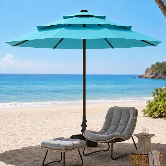 10ft Patio Umbrella, 3-Tier Vented Outdoor Table Umbrella with 8 Sturdy Fiberglass Ribs, Windproof Market Umbrella with Push Button Tilt and Crank, UV Protection for Deck, Pool, Sky Blue
