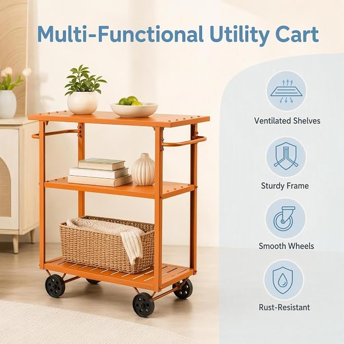 Orange 3-Tier Metal Rolling Beverage Bar Cart | Waterproof Rustproof Serving Cart with Handle | 39.37 x 15.74 x 41 in | Indoor Use Outdoor Party Utility Storage Cart