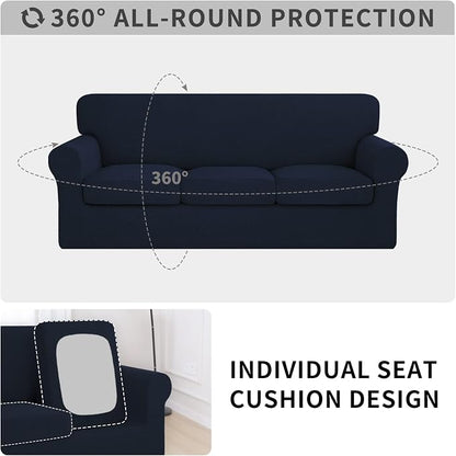 ISSUNTEX 3 Pieces High Stretch Thicken Loveseat Couch Covers, Soft Sofa Slipcover for 2 Separate Cushion Couch, Jacquard Fabric Elastic Sofa Cover Furniture Protector for Dogs (Loveseat, Navy)