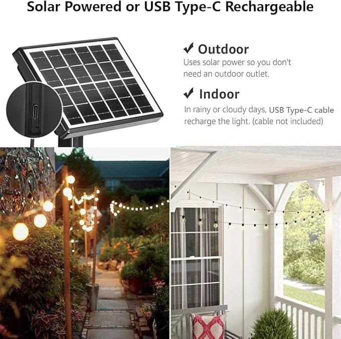 SUNTHIN 50ft Solar String Lights, USB Rechargeable Solar Outdoor Lights with 24 Waterproof & Shatterproof G40 LED Bulbs for Patio, Porch, Garden, Deck, Bistro, Cafe, Camping