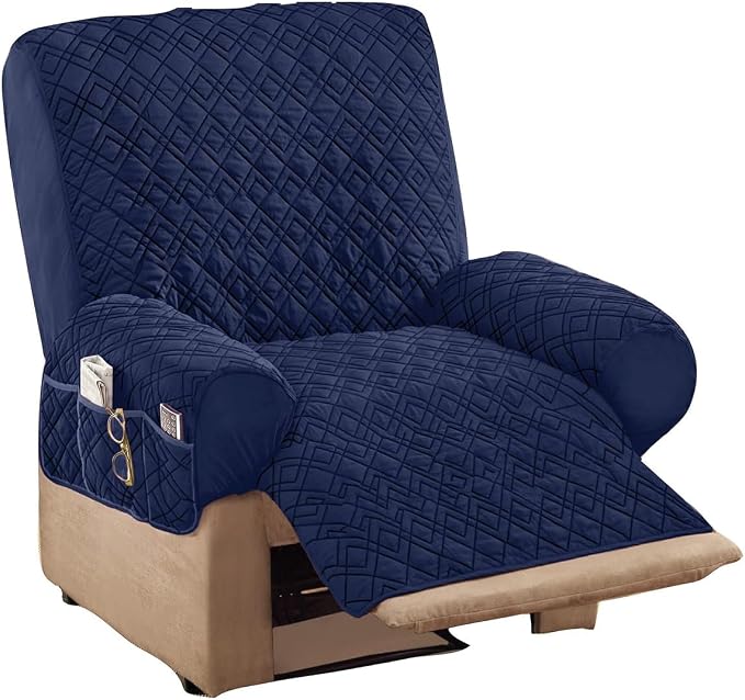 Collections Etc Diamond-Shape Quilted Stretch Recliner Cover with Storage Pockets and Elastic Straps - Furniture Protector | Storage Pockets and Elastic Straps - Furniture Protector