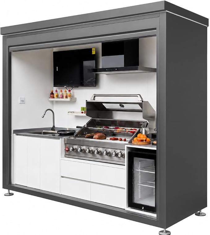 Sunnyjoy Modular Outdoor Kitchen MAX, Premium Aluminum Cabinet System-3 | MAX roll-up shade version with grill, sink & storage, durable weather-resistant design, includes roll-up set for protection