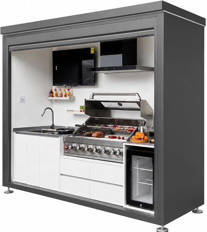 Sunnyjoy Modular Outdoor Kitchen MAX, Premium Aluminum Cabinet System-3 | MAX roll-up shade version with grill, sink & storage, durable weather-resistant design, includes roll-up set for protection