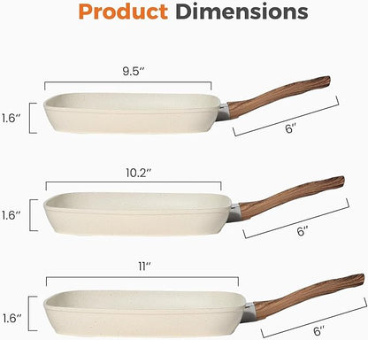 3-Piece Nonstick Grill Pan Set, Square Griddle Pans with Wooden Handle, Compatible with All Stovetops, Ideal for Steak, BBQ & Vegetables, 9.5", 10.2", 11", White