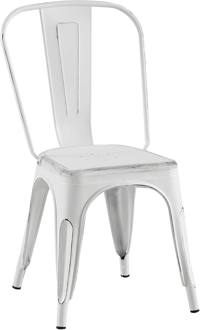 AC Pacific Stackable Metal Dining Chairs Set of 4 for Indoor and Outdoor Use, Durable Stacking Seat, Farmhouse Kitchen, Bar, Patio, Bistro, Cafe, Industrial Style, Sanded Matte White