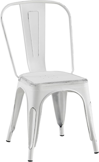 AC Pacific Stackable Metal Dining Chairs Set of 4 for Indoor and Outdoor Use, Durable Stacking Seat, Farmhouse Kitchen, Bar, Patio, Bistro, Cafe, Industrial Style, Sanded Matte White