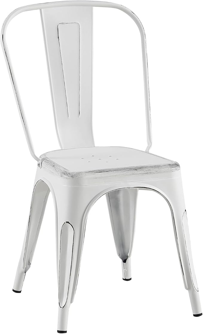 AC Pacific Stackable Metal Dining Chairs Set of 2 for Indoor and Outdoor Use, Durable Stacking Seat, Farmhouse Kitchen, Bar, Patio, Bistro, Cafe, Industrial Style, 2pcs, Sanded Matte White
