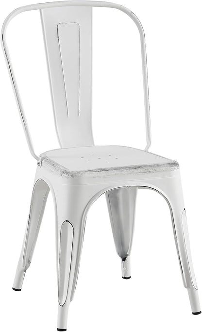 AC Pacific Stackable Metal Dining Chairs Set of 2 for Indoor and Outdoor Use, Durable Stacking Seat, Farmhouse Kitchen, Bar, Patio, Bistro, Cafe, Industrial Style, 2pcs, Sanded Matte White