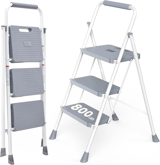 OLIXIS 3 Step Ladder, 880lbs Heavy Duty Step Stool with Anti-Slip Pedal | Portable Stepping Stool with Sturdy Ladder & Comfortable Handrail, for Kitchen, Garage & Outdoor Use, Grey
