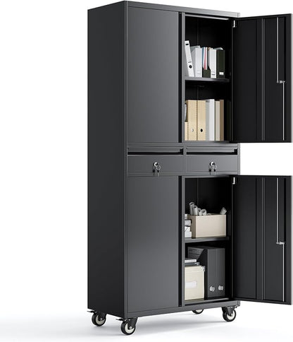 PioneerWorks 73" Metal Storage Cabinet w/Locking Doors | Adjustable Shelves + 2 Drawers | Robust Utility Storage for Garage Organization-Dark Black with Legs