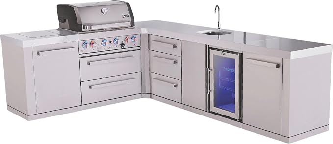 Mont Alpi L-shaped 82"W x 113"D x 46"H Premium Stainless Steel Outdoor Kitchen Island with Refrigerator Faucet & Sink Combo + 32"W 4-Burner BBQ Gas Grill + White Granite Countertops + Storage Cabinets