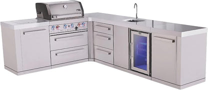 Mont Alpi L-shaped 82"W x 113"D x 46"H Premium Stainless Steel Outdoor Kitchen Island with Refrigerator Faucet & Sink Combo + 32"W 4-Burner BBQ Gas Grill + White Granite Countertops + Storage Cabinets