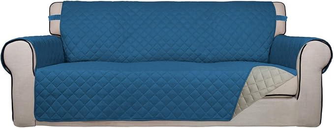PureFit Reversible Quilted Sofa Cover, Water Resistant Slipcover Furniture Protector, Washable Couch Cover with Non Slip Foam and Elastic Straps for Kids, Pets (X Large, Peacock Blue/Beige) | Peacock Blue/Beige, Water Resistant Couch Protector, Washabl...