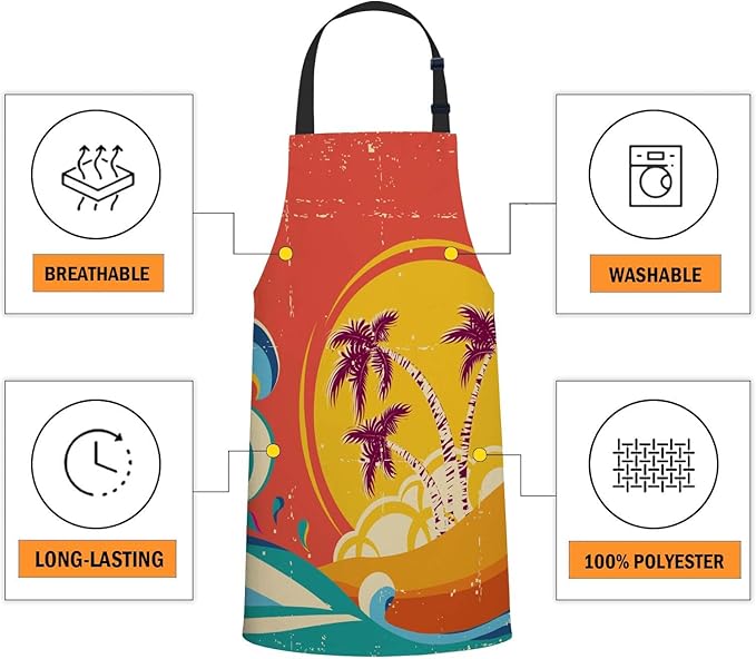oFloral Hawaii Beach, Vintage palm tree sun Tropical Island Giant Wave Bib Apron with Adjustable Neck for Men Women,Suitable for Home Kitchen Cooking Waitress Chef Grill Bistro Baking BBQ Apron