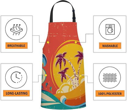 oFloral Hawaii Beach, Vintage palm tree sun Tropical Island Giant Wave Bib Apron with Adjustable Neck for Men Women,Suitable for Home Kitchen Cooking Waitress Chef Grill Bistro Baking BBQ Apron