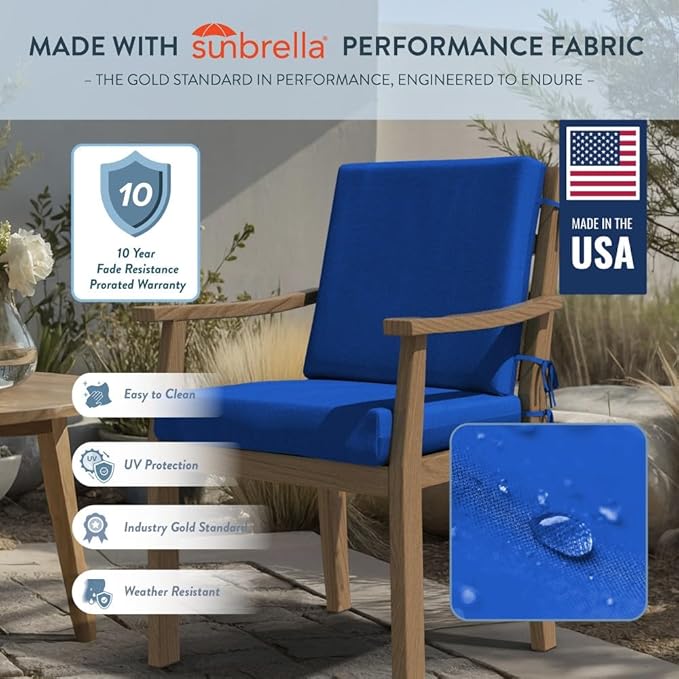 California Umbrella Outdoor Dining Chair, Set of 2 Patio Seat Cushions, 20 x 40 Inch, Premium Outdoor Memory Foam, Fade Resistant, Sunbrella Fabric, Fabric Ties, Pacific Blue