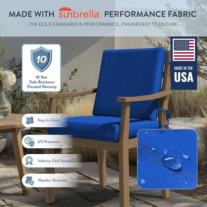 California Umbrella Outdoor Dining Chair, Set of 2 Patio Seat Cushions, 20 x 40 Inch, Premium Outdoor Memory Foam, Fade Resistant, Sunbrella Fabric, Fabric Ties, Pacific Blue