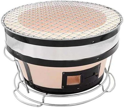 Table Top Round Clay Charcoal Stove, Japanese Ceramic Pottery Barbecue Stove, Outdoor Charcoal Stove with Wire Mesh Grill (A)