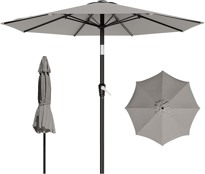 AreShark 9 FT Patio Umbrella for Outdoor, Outdoor Table Umbrella with Push Button Tilt and Crank, Outdoor Patio Umbrellas with 8 Sturdy Ribs for Market, Garden, Pool (Light Gray)