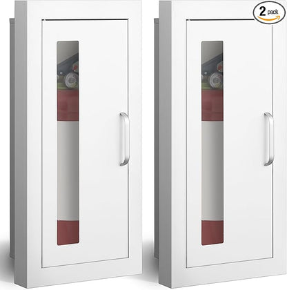 Zonon 2 Pcs Semi Recessed Fire Extinguisher Cabinet Industrial Architectural Wall Cabinet, Door with Handle Version for 10 Pound Dry Chemical Fire Extinguisher White