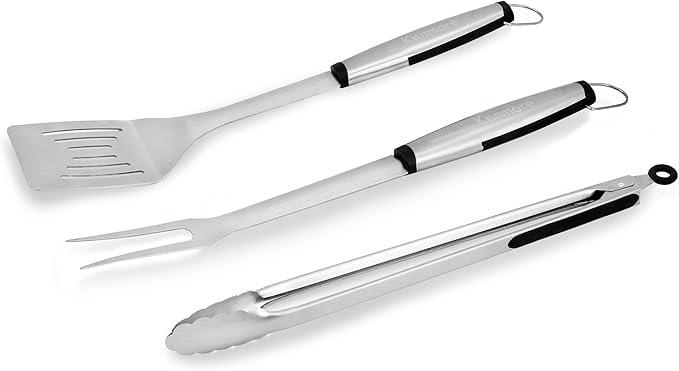 Kenmore 3-Pc BBQ Grill Tool Set, Stainless Steel Grilling Tools for Outdoor Gas Grill, Includes Tongs, Fork, and Spatula, Essential BBQ Grill Tools for Gas Propane Grill and Outdoor Grilling