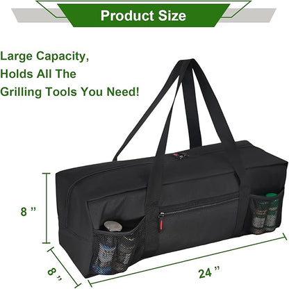 24" BBQ Tool Storage Bag with Pockets, Grill Tool Organizer- Heavy-Duty Storage Bag Waterproof 600D Oxford, Folding Design Gift for Camping, Tailgates, Outdoor BBQ Parties (24" Lx8 Wx8 H)