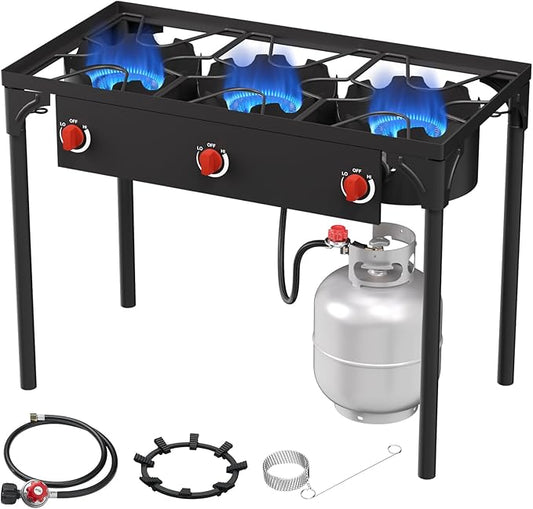 High Pressure Propane Burner, 3 Burner Camping Stove with Detachable Legs, 225,000 BTU Propane Gas Stove Burner with 0-20 PSI Regulator for Camping, Tailgating, Backyard, Outdoor Cooking