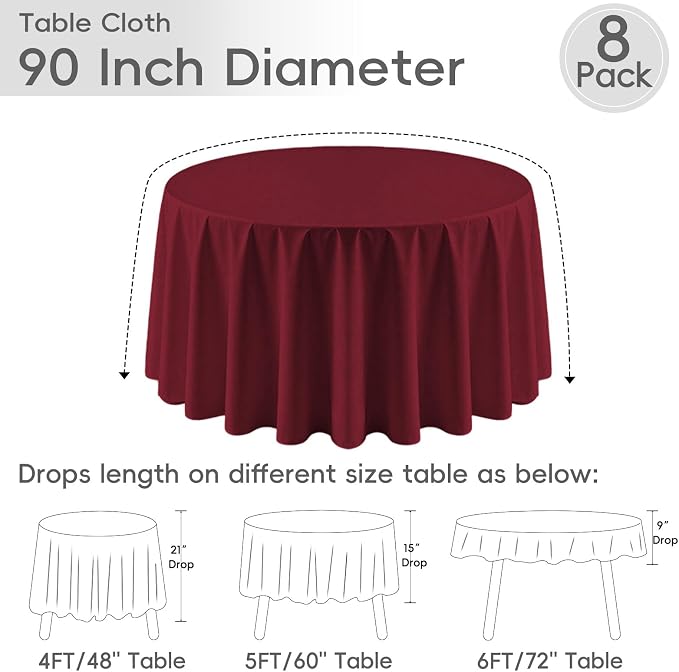 8 Pack Burgundy Round Tablecloth 90 Inch | For 3Ft-5Ft Round Table, Wrinkle Resistant Table Cloth, Washable Polyester Fabric, For Wedding Party Banquet Buffet Camping