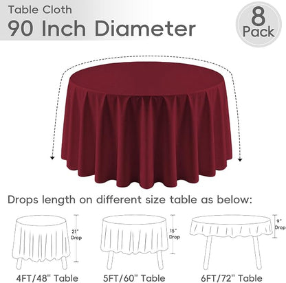 8 Pack Burgundy Round Tablecloth 90 Inch | For 3Ft-5Ft Round Table, Wrinkle Resistant Table Cloth, Washable Polyester Fabric, For Wedding Party Banquet Buffet Camping
