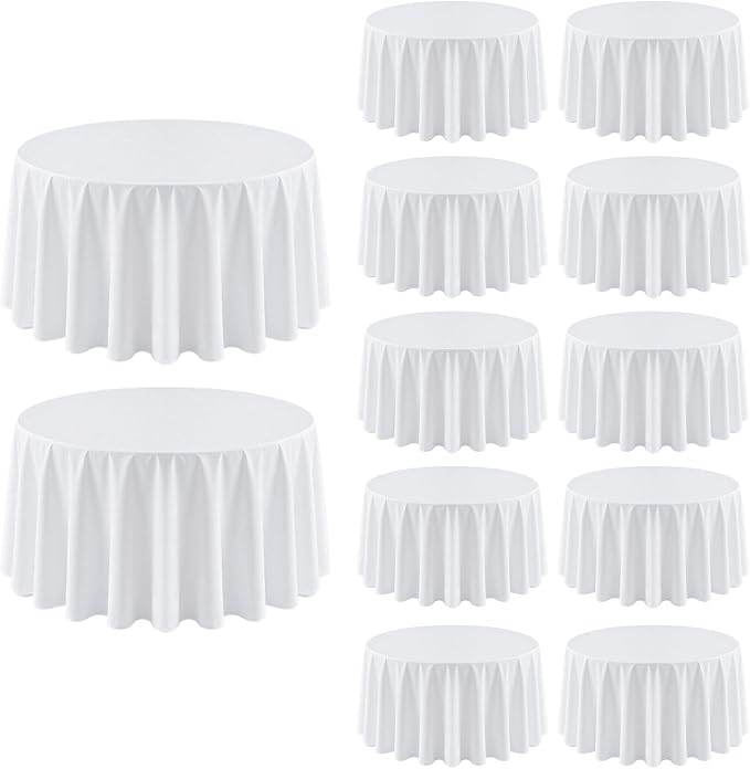 12 Pack White Round Tablecloth 120 Inch | For 4Ft-7Ft Round Table, Wrinkle Resistant Table Cloth, Washable Polyester Fabric, For Wedding Party Banquet Buffet Camping
