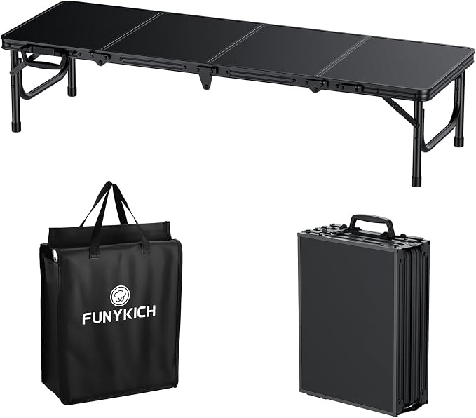 FUNYKICH 4ft Low Folding Picnic Table(45.7''x15.7''x10.3''), Thicker Aluminum Legs Beach Table with Handle & Carry Bag, Lightweight Small Camping Table for Picnic Beach Camping Party, Black