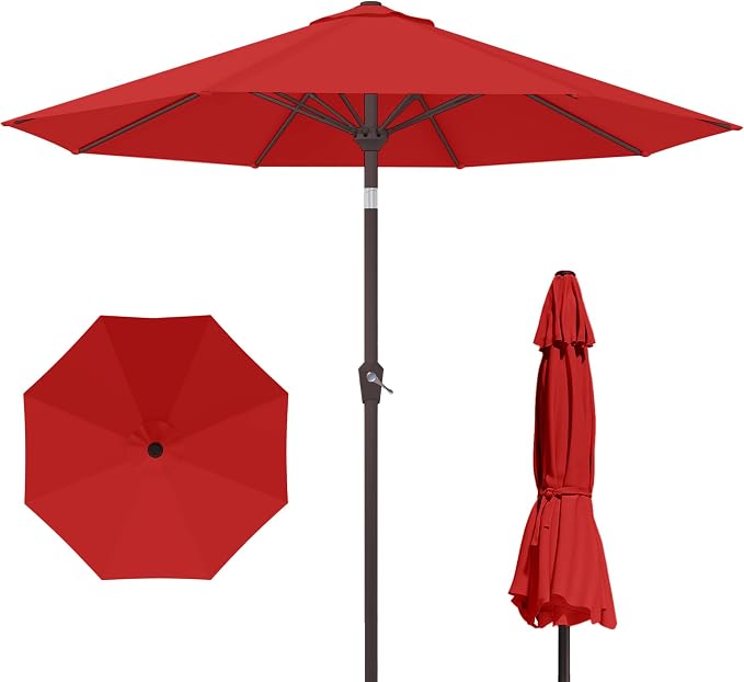Kingdura 10FT Outdoor Patio Umbrella, Round Market Table Umbrella with Push‑Button Tilt and Crank Lift, 8 Sturdy Metal Ribs, UV50+ Protection Canopy for Backyard, Lawn, Deck, Poolside, Garden (Red)