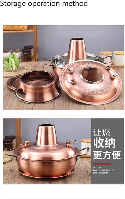 Old Beijing Copper Hot Pot,Chinese Charcoal Hot Pot - 12.5IN Large Family-Friendly Mongolian Style, Ideal for 4-6 Person Gatherings & Outdoor Dining