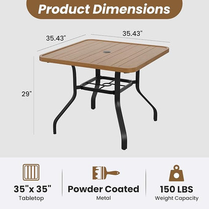 Outdoor Patio Dining Table with 1.57" Umbrella Hole, 35"x35" Wood-Like Texture, All-Weather Metal Frame for Poolside, Deck, Porch