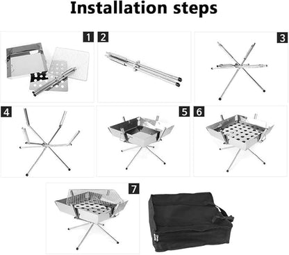 Outdoor Multi-Function Barbecue Grill, Stainless Steel Charcoal Portable Camping Charcoal Barbecue Grill Compact Barbecue Travel, Picnic Suitable for 2-4 People (36 * 32Cm)