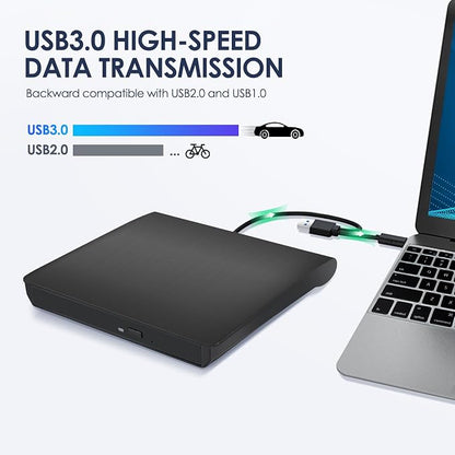 External CD/DVD Drive for Laptop, Type-C CD/DVD Player USB 3.0 Portable Burner Writer Reader Compatible with Mac MacBook Pro/Air iMac Desktop Windows 7/8/10/XP/Vista (Black)